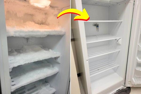 Un congélateur avant et après un dégivrage.