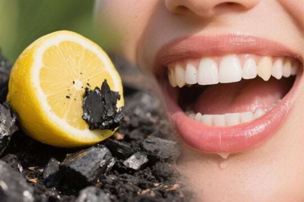 Un citron avec du charbon noir à côté d’un sourire éclatant.