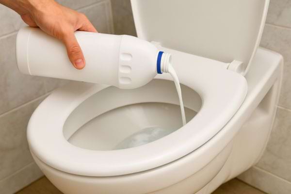 Une main verse de l’eau de javel blanche dans une cuvette de toilette ouverte.