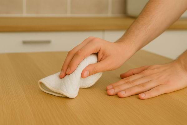 Une main essuie une table en bois avec un chiffon lavable.