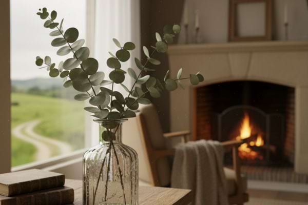 Eucalyptus s&eacute;ch&eacute; dans un vase en d&eacute;coration int&eacute;rieure