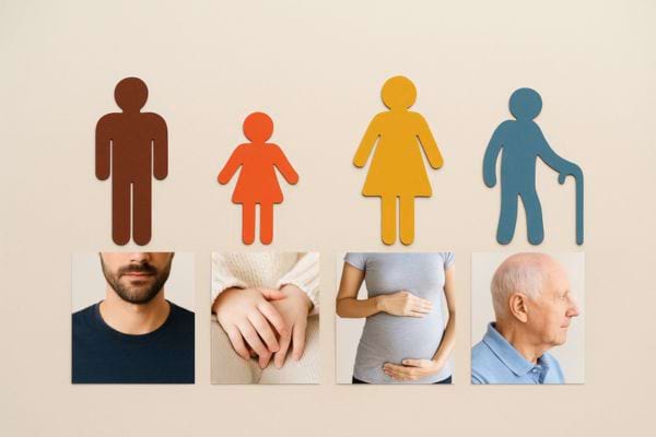 Icônes famille incluant enfants, femmes enceintes et personnes âgées.