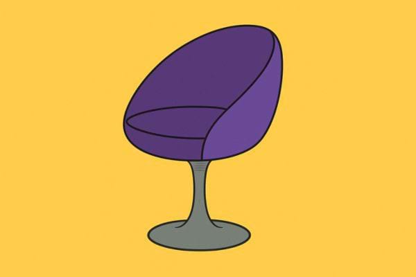 Un fauteuil moderne violet avec un pied rond métallique.