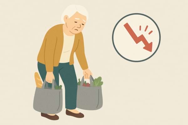 Femme &acirc;g&eacute;e fatigu&eacute;e portant des sacs de courses lourds.