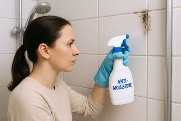 Une femme applique le produit anti-moisissure de chez Action sur du carrelage