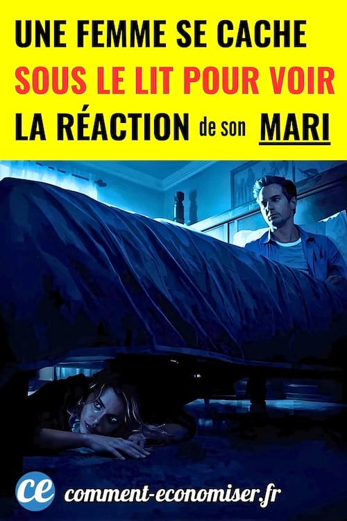 Une femme cachée sous le lit que son mari cherche dans la chambre