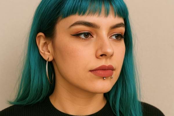 Une femme aux cheveux bleus regarde sur le côté.