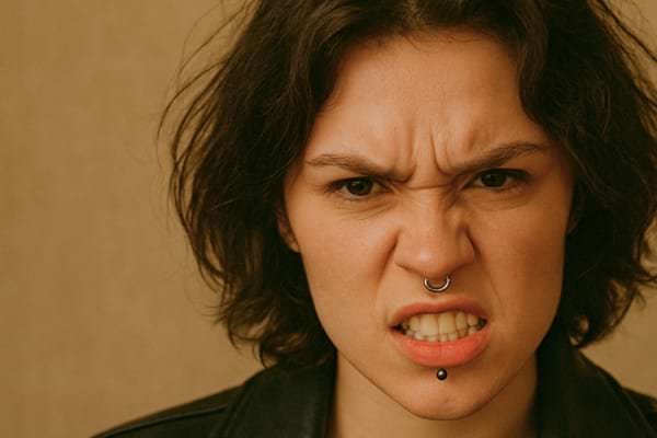 Une femme fronce les sourcils et montre une forte colère.