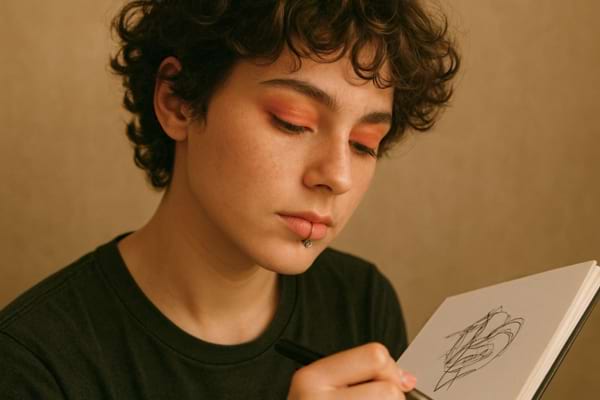 Une personne dessine dans un carnet avec concentration.