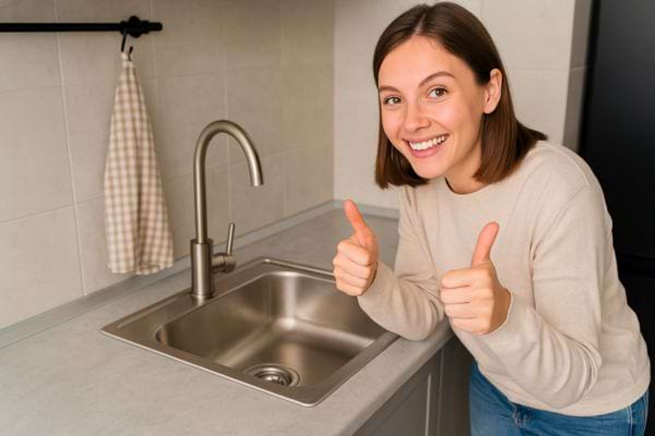 Une femme souriante montre son évier propre avec les deux pouces levés.