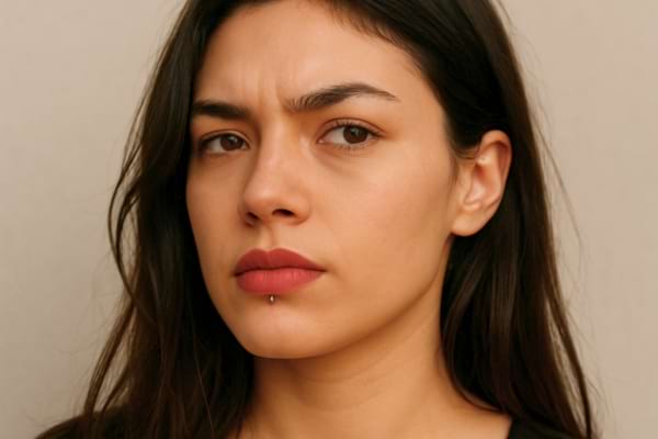 Une femme fronce légèrement les sourcils avec sérieux.