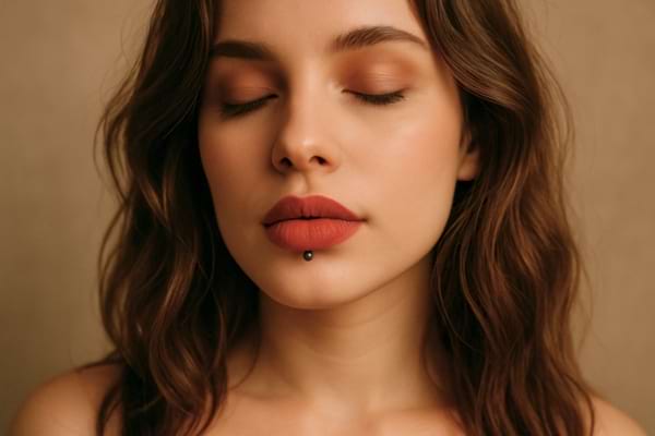 Une femme ferme les yeux, maquillée avec des lèvres rouges.