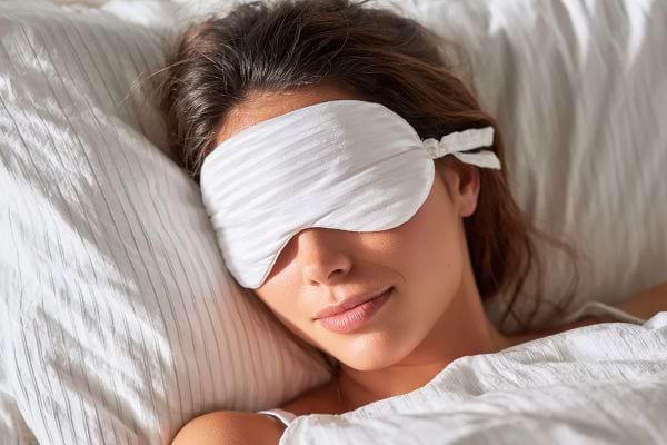 Une femme dort paisiblement au lit avec un masque de sommeil blanc.