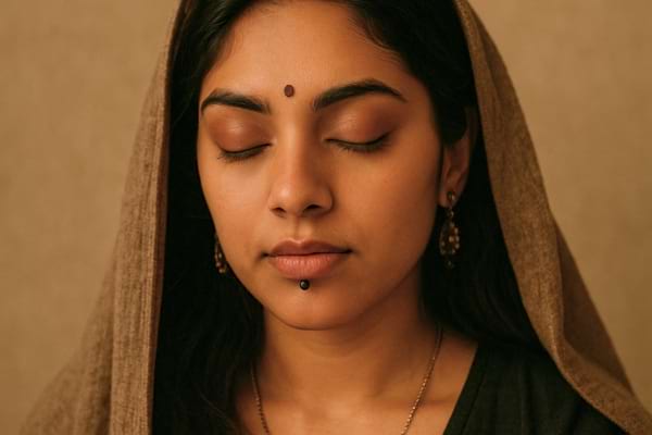 Une femme ferme les yeux, couverte d’un voile, dégage une grande sérénité.