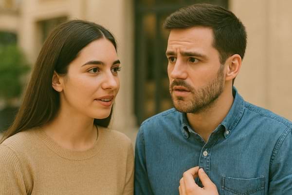 La femme parle calmement tandis que l’homme semble étonné.