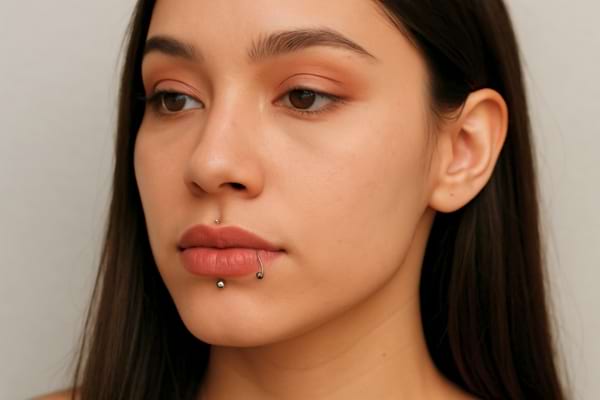 Une femme au piercing à la lèvre regarde pensivement.