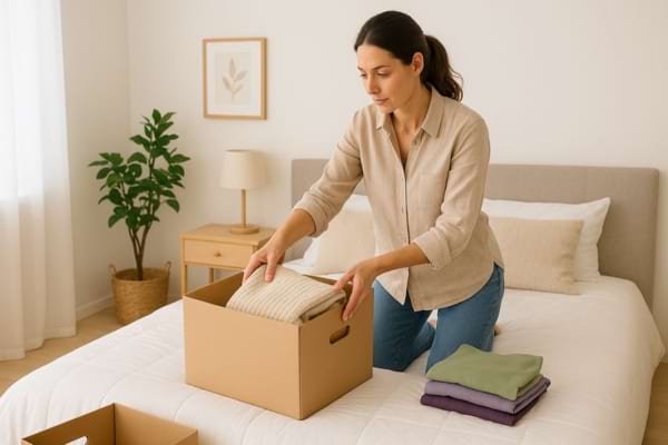 Une femme plie des couvertures et les met dans une bo&icirc;te en carton sur son lit.
