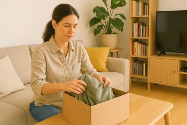 Une femme plie des v&ecirc;tements et les met dans une bo&icirc;te en carton au salon.