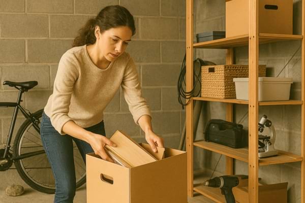 Une femme range des planches de bois dans une bo&icirc;te en carton dans son garage.