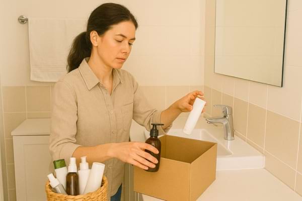 Une femme range des produits de toilette dans une bo&icirc;te en carton dans la salle de bain.