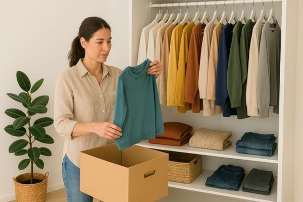Une femme choisit un pull vert dans un dressing bien ordonn&eacute;.