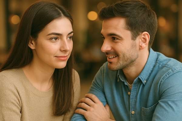 La femme reste sérieuse pendant que l’homme la fixe.