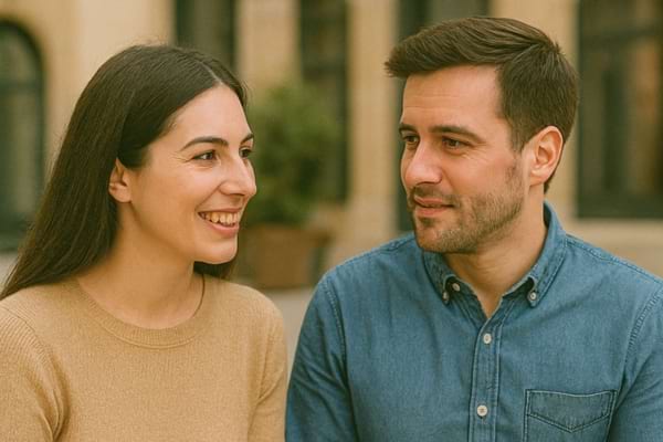 Une femme souriante regarde un homme assis à côté d’elle en extérieur.