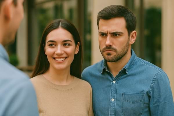 La femme sourit tandis que l’homme paraît contrarié.
