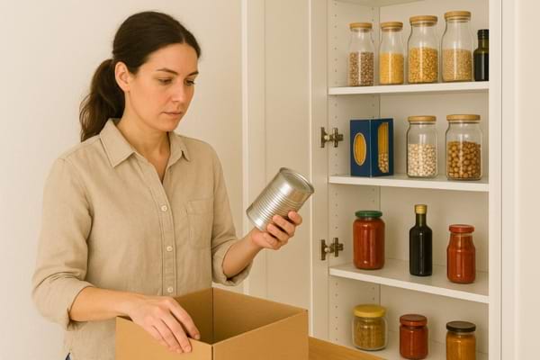 Une femme prend une bo&icirc;te de conserve dans son placard de cuisine bien organis&eacute;.
