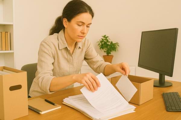 Une femme trie et classe des papiers sur son bureau avec un ordinateur.
