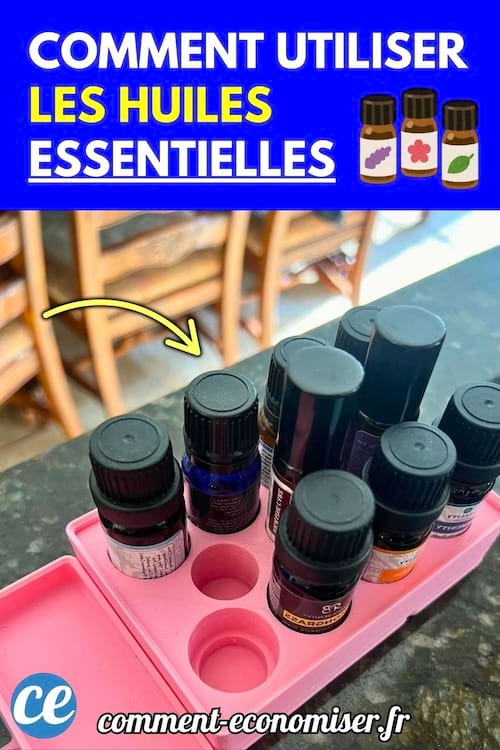 Plusieurs flacons d’huiles essentielles sont rangés dans un support rose sur une table.
