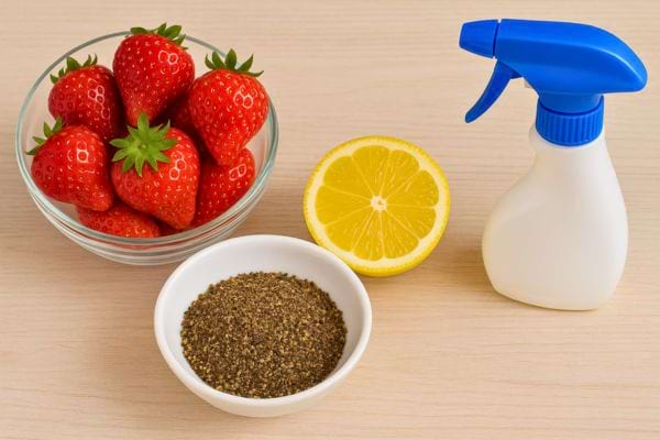 Fraises, demi-citron, bol de poivre moulu et spray posés sur une table.