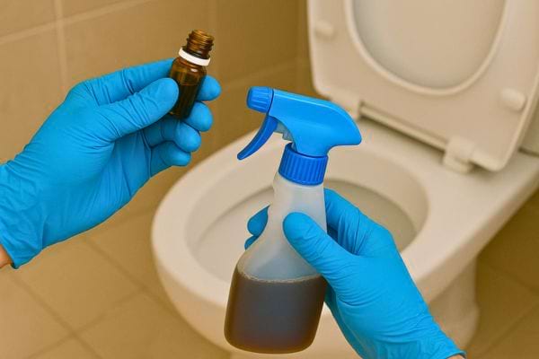Mains avec gants bleus tenant un flacon brun et un spray devant des toilettes.