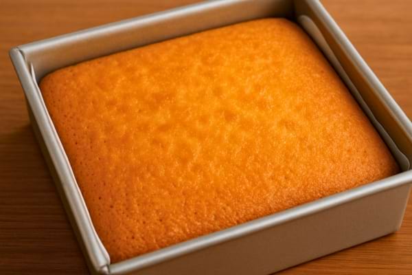 Un gâteau carré moelleux cuit dans un moule métallique.