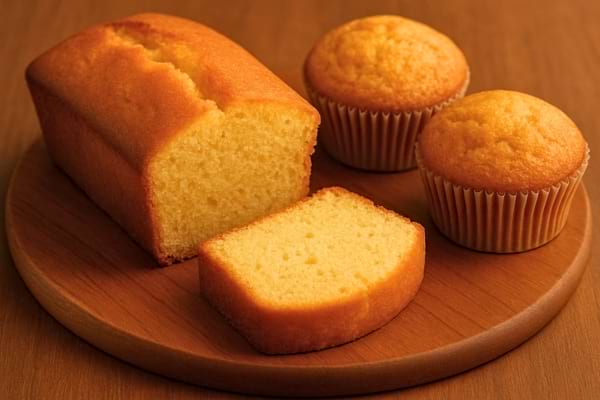 Un cake doré avec une tranche coupée et deux muffins posés sur un plateau en bois.
