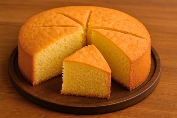 Un gâteau rond moelleux découpé en parts sur un plateau en bois.