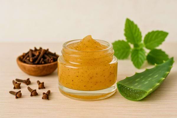 Un petit pot de gel au clou de girofle et aloe vera.