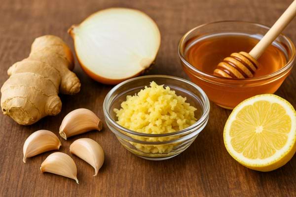 Des ingrédients naturels : gingembre, ail, oignon, miel et citron disposés sur une table.