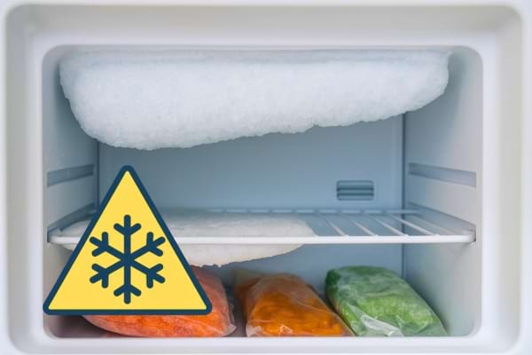 Un congélateur rempli de givre avec un symbole de flocon de neige en avertissement.