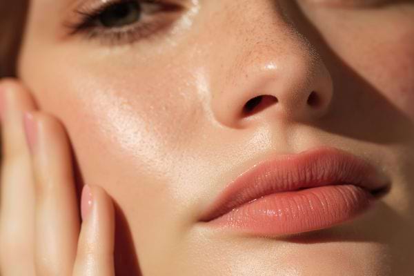 Un gros plan montre une peau de visage nette et lumineuse.