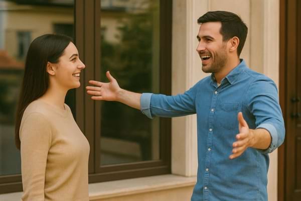 L’homme ouvre les bras joyeusement face à la femme.