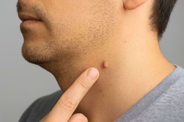 Homme montrant un acrochordon sur le côté de son cou.