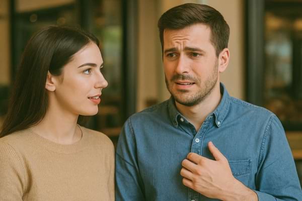 L’homme lève la main sur sa poitrine avec un air confus.
