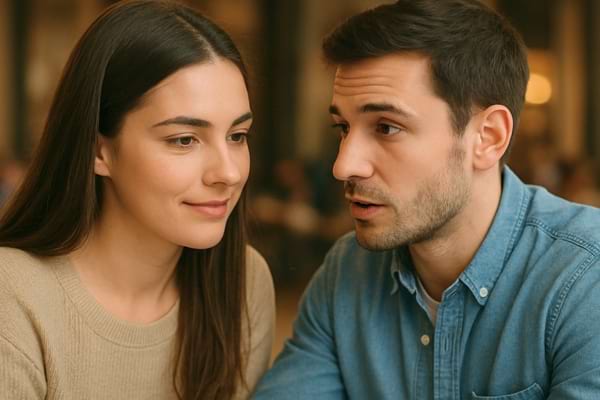 L’homme parle à la femme qui sourit légèrement.