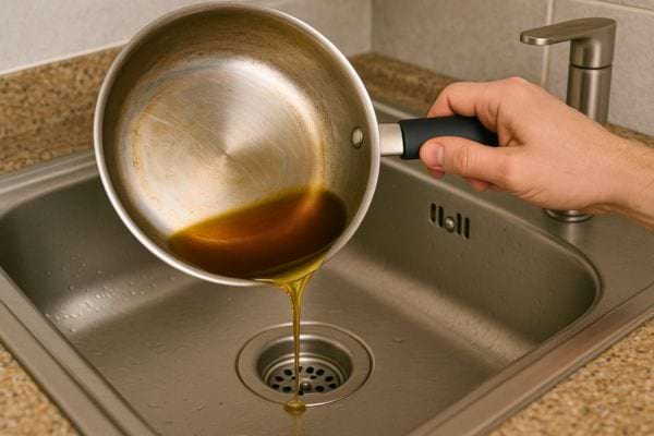 De l’huile usagée est versée d’une casserole directement dans l’évier.