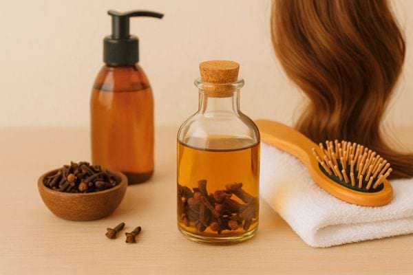 Un flacon d’huile de clou de girofle posé près d’une brosse et de cheveux.