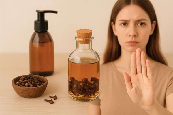 Une femme refuse l’utilisation d’huile de clou de girofle posée sur une table.