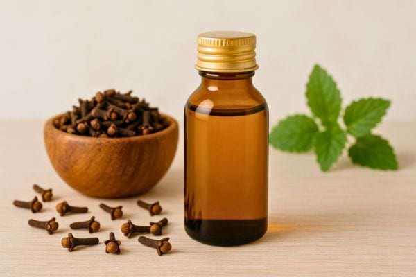 Un flacon d’huile essentielle de clou de girofle à côté d’un bol rempli.