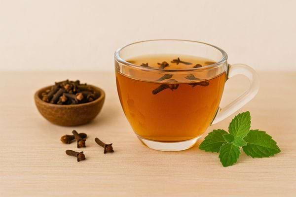 Une tasse d’infusion de clou de girofle avec une feuille de menthe.