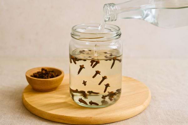Eau versée dans un bocal rempli de clous de girofle.